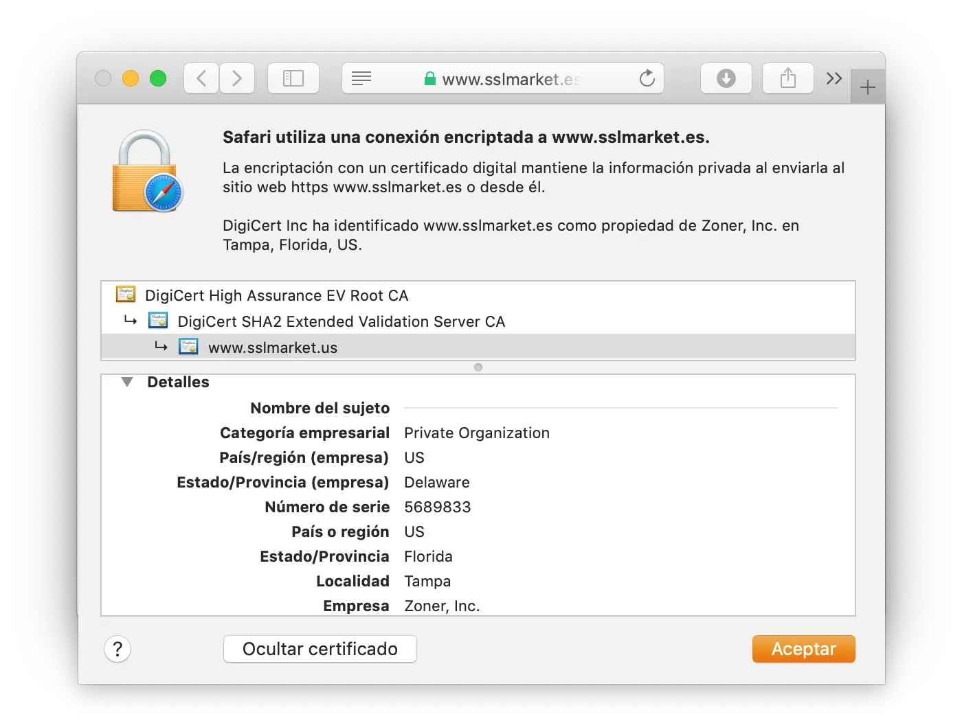 Visualización del certificado Secure Site Pro EV en el navegador Visualización del certificado Secure Site Pro EV en el navegador