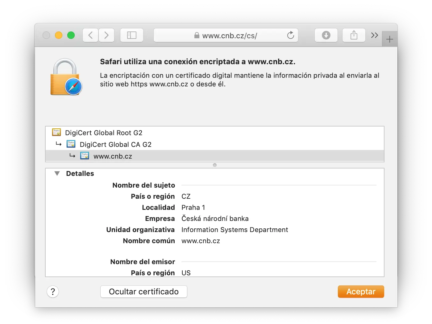 Visualización del certificado DigiCert Secure Site en el navegador