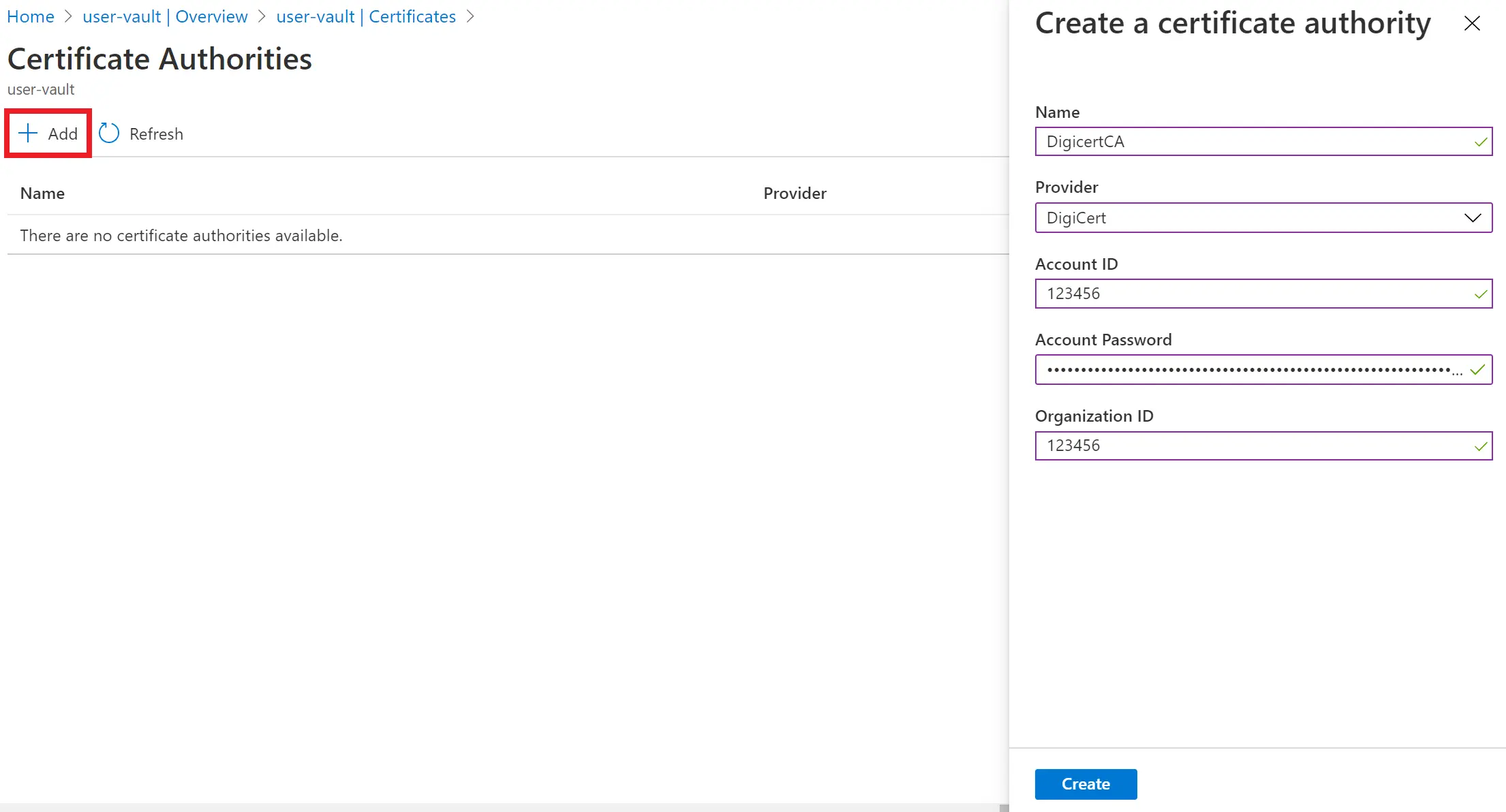 Conexión de Azure Key Vault con CA DigiCert