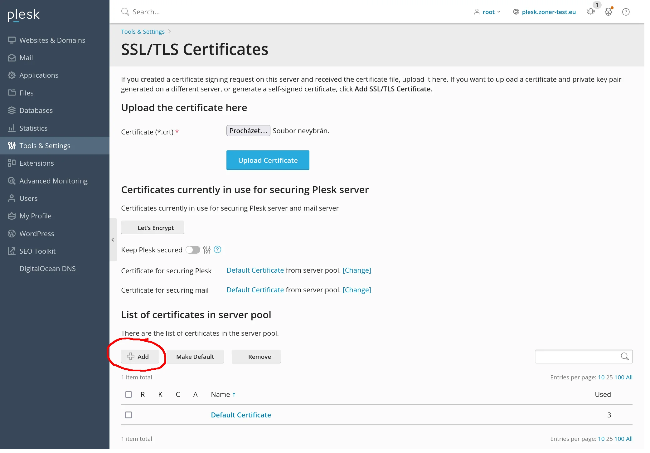 Gestión de los certificados TLS en Plesk