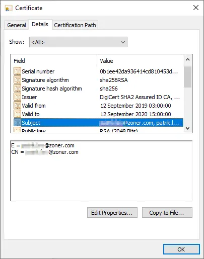 Visualización del certificado DigiCert S/MIME en el cliente