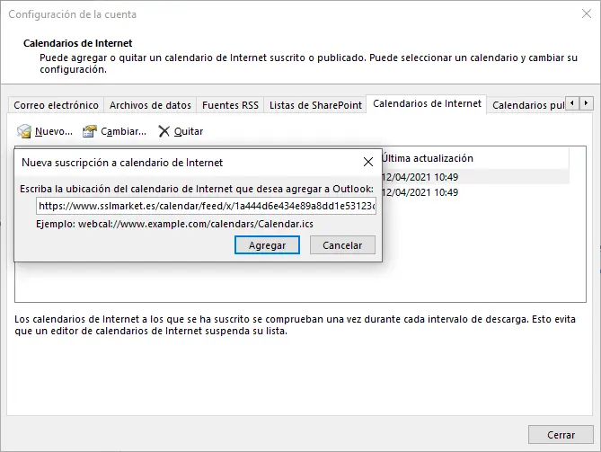 Añadir suscripción del calendario en Outlook