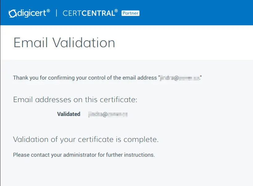Aviso de una confirmación exitosa del correo electrónico y la emisión del certificado
