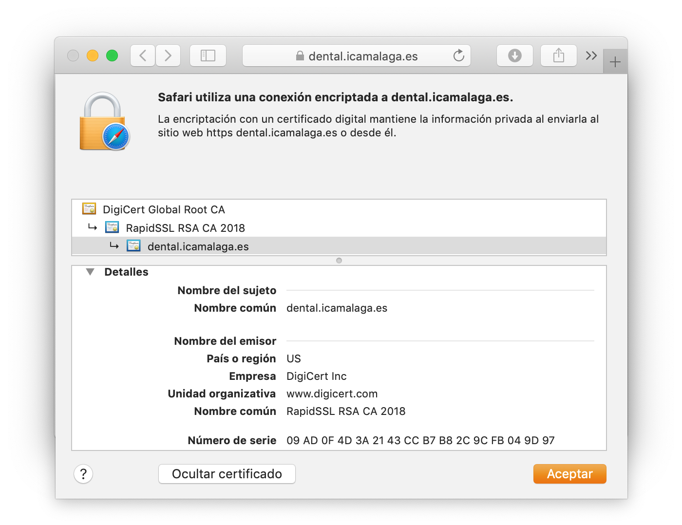 Visualización del certificado RapidSSL Wildcard en el navegador Visualización del certificado RapidSSL Wildcard en el navegador