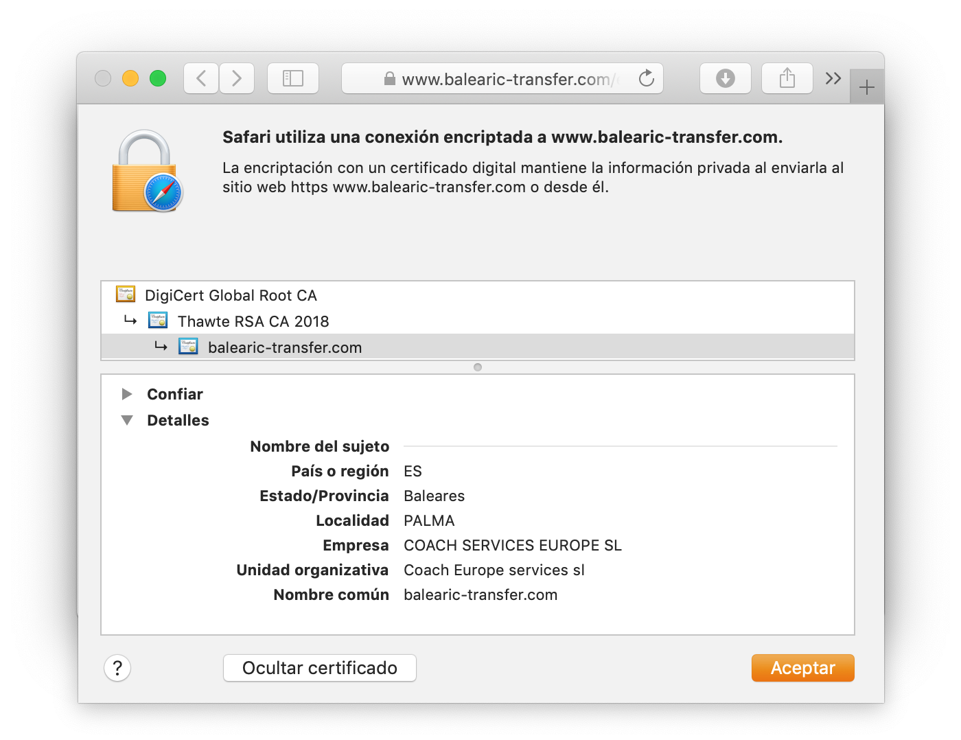 Visualización del certificado Thawte Web Server en el navegador Visualización del certificado Thawte Web Server en el navegador