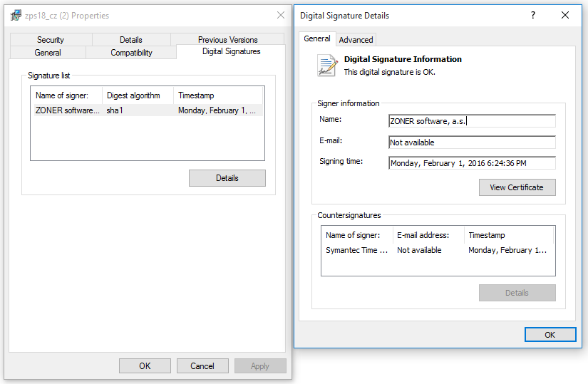 Detail podpisu aplikace v průzkumníkovi windows